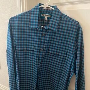 Express Blue Checkered Men's Fitted Long Sleeve Shirt